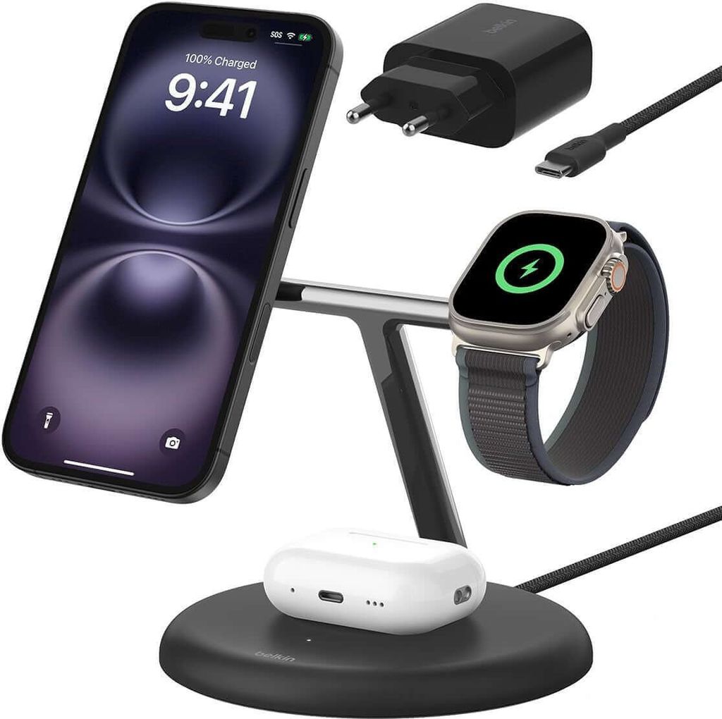 A charging station with a phone, smartwatch, and earbuds case.