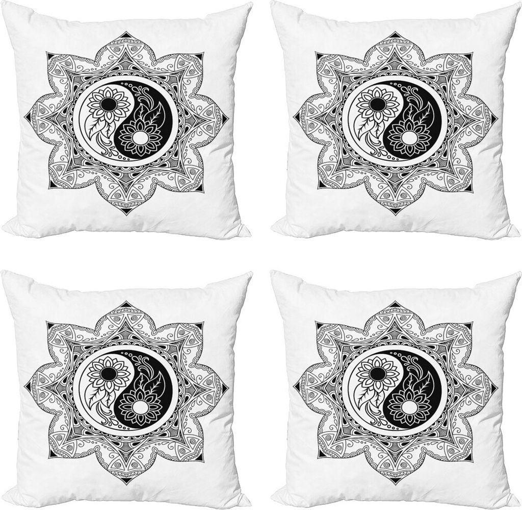 ABAKUHAUS Ying Yang Kissenbezug Set (4 Stück), Boho Mandala-Zeichen, Moderner Doppelseitiger Digitaldruck, 60 cm x 60 cm, Schwarz und weiß