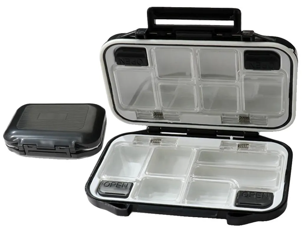 Boîte de rangement pêche étanche noire compacte pour plombs et leurres