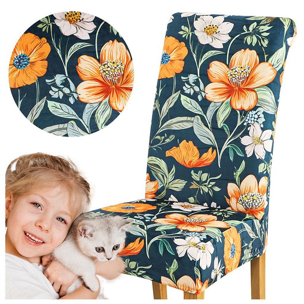 Stuhlbezug in Grün mit orangefarbenem Blumenmuster – Elastisch und formstabil