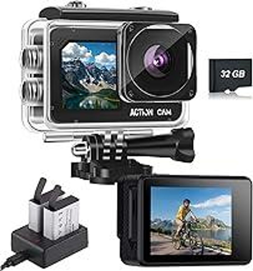 Action cam mit 32G Karte Dual actionkameras,Unterwasserkamera mit 2×1050 mAh wiederaufladbare Akkus und Zubehör-Set(N300+32GB Karte)