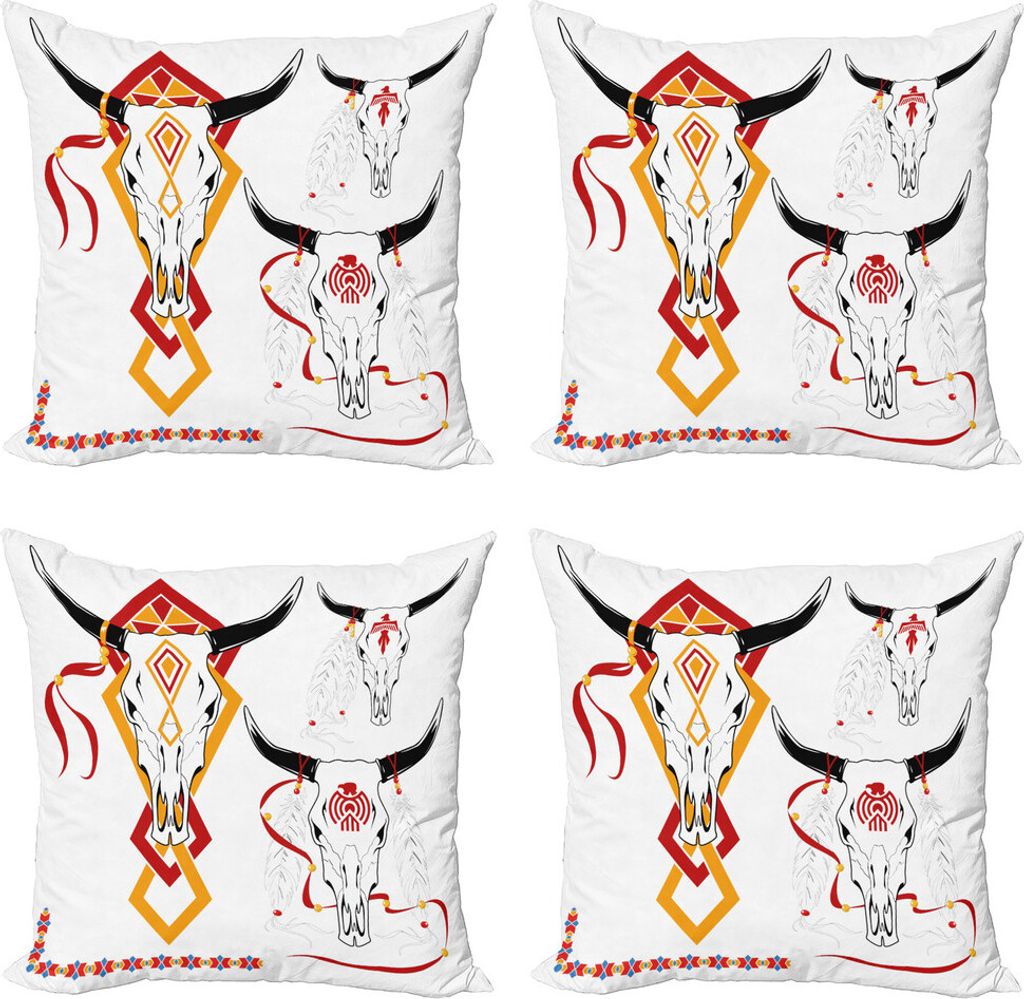 ABAKUHAUS Tätowieren Kissenbezug Set (4 Stück), Bulls Head mit Feder, Moderner Doppelseitiger Digitaldruck, 50 cm x 50 cm, Rot, Gelb und Weiß