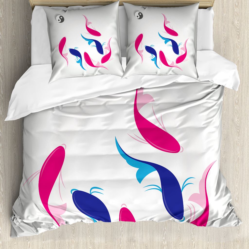 ABAKUHAUS japanisch Bettbezug, Fische Yin Yang, Milbensicher Allergiker geeignet mit Kissenbezügen, 200 cm x 200 cm - 80 x 80 cm, Pink Blau