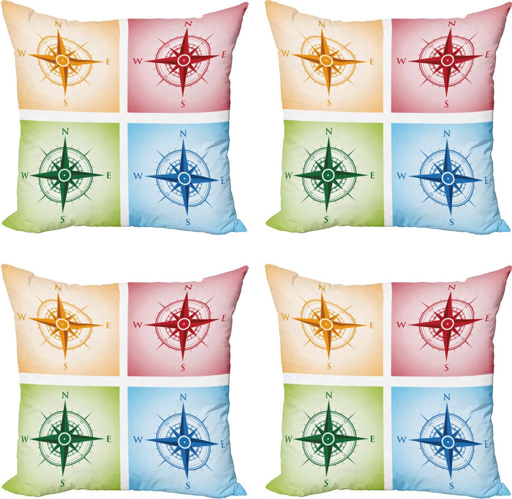 ABAKUHAUS Kompass Kissenbezug Set (4 Stück), Bunte Windroses, Moderner Doppelseitiger Digitaldruck, 60 cm x 60 cm, Mehrfarbig