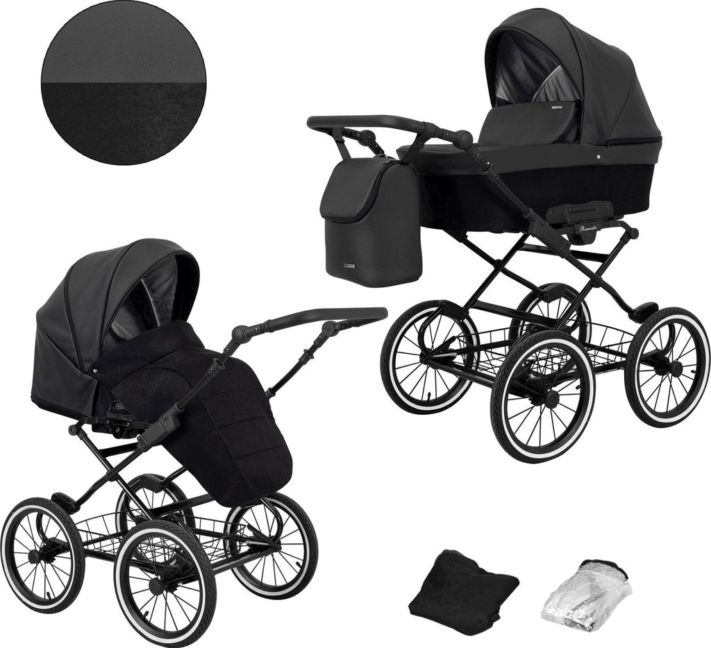 Kunert Romantic 2in1 Kinderwagen in Schwarz/Grau mit AIR Wheels und schwarzem Rahmen