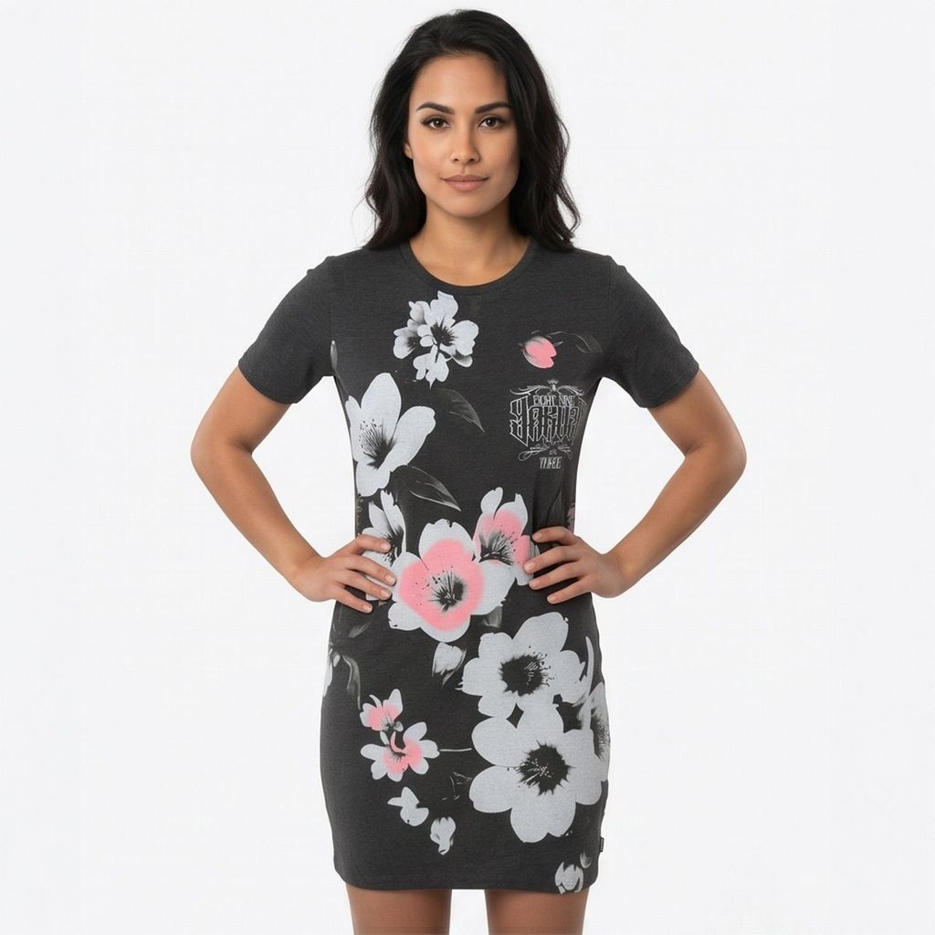 Yakuza Damen Flowers Casual T-Shirt Kleid, Schwarz Meliert, XS