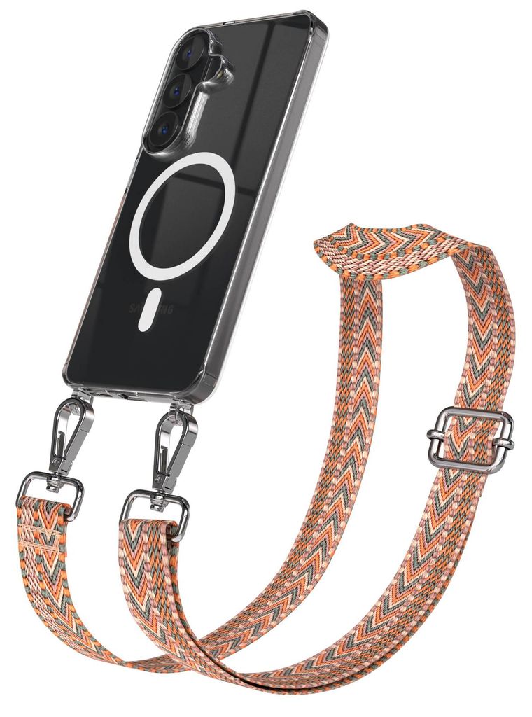 EAZY CASE - Handykette mit MagSafe Hülle für Samsung Galaxy S26, Handyband ZickZack Style, Karabiner Silber, Umhängeband in Orange