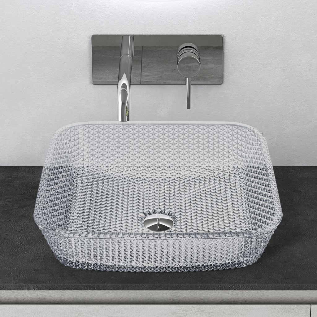 Mai & Mai Waschbecken Glas Aufsatzwaschbecken Glaswaschbecken Handwaschbecken Rechteckig Waschschale Oval Transparent ohne Hahnloch BxTxH 40x40x11 ...