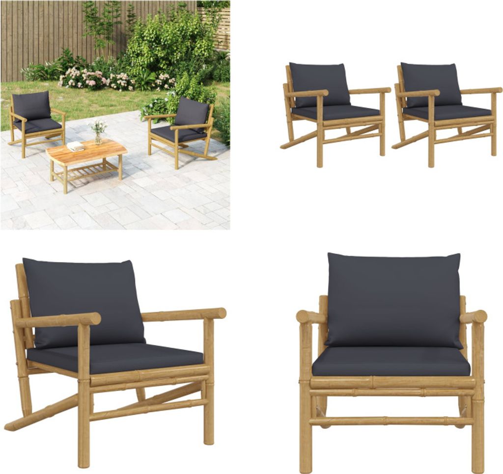 vidaXL Gartenstühle 2 Stk. mit Dunkelgrauen Kissen Bambus - Gartenstuhl - Gartenstühle - Outdoor Stuhl - Terrassenstuhl
