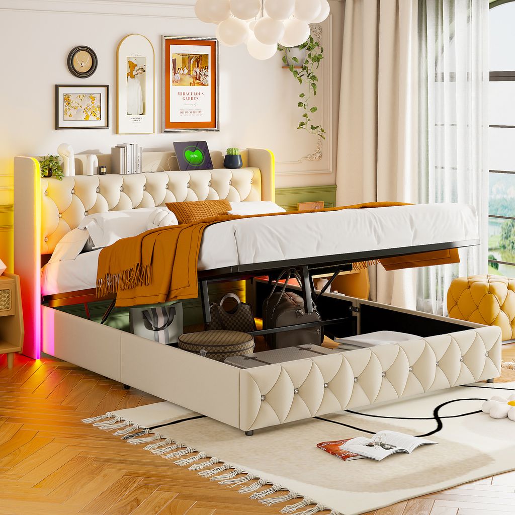 140 x 200 cm großes Bett mit Stauraum, LED-Beleuchtung und USB-Anschlüssen, gepolstertes Doppelbett mit Stauraum, Kopfteil, Samt, Beige