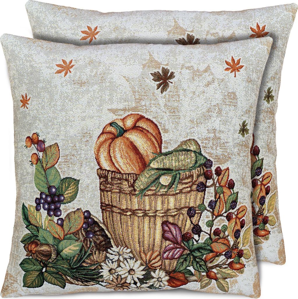 2er Set Kissenhüllen 45x45 cm mit Kürbissen Gobelin als Herbst-Deko