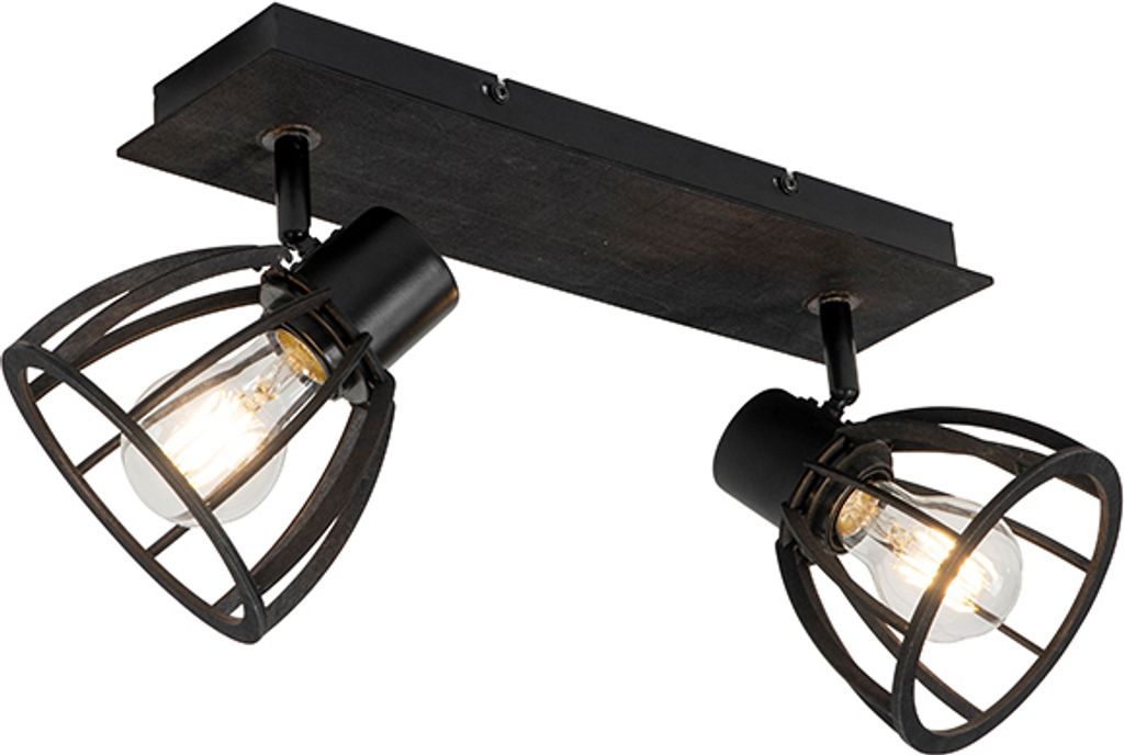 QAZQA - Industrie I Vintage I Industrie I Vintage I Deckenlampe schwarz 2-flammig-flammig - Fotu I Wohnzimmer I Schlafzimmer - Holz Rechteckig I Ru...