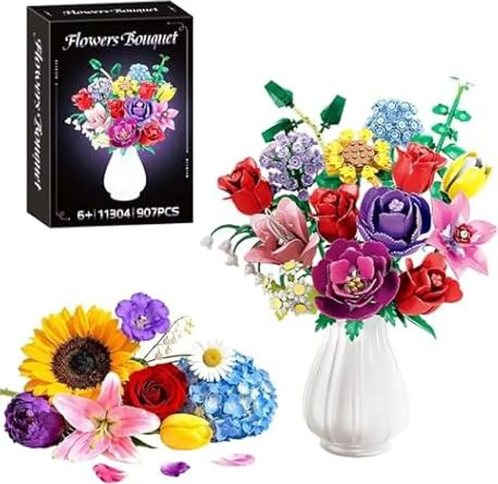 Set Di Bouquet Di Fiori Building Block Con Carillon Cupola Antipolvere Simulazione Fai Da Te Serie Di Fiori Di Particelle Artificiali Rosa Rossa