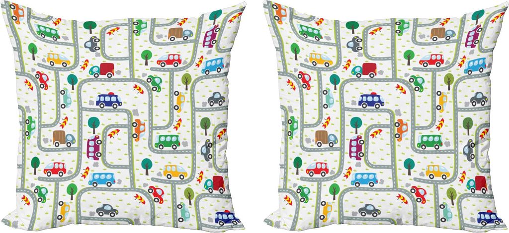 ABAKUHAUS Autos Kissenbezug Set (2Stück), Verkehrsregeln mit Zeichnung Kindisch Kindergarten Themen Allee Strassen Bäume, 50 x 50 cm, Mehrfarbig
