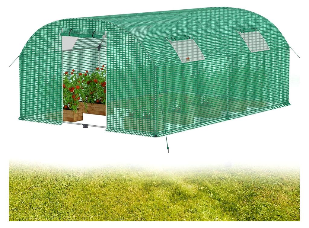 3 x 4 x 2 m Groß Foliengewächshaus Gewächshaus Winterfest Verzinkter Stahl Grün Treibhaus Tomatenhaus mit Tür & Fenster Bogen-Design Begehbare...