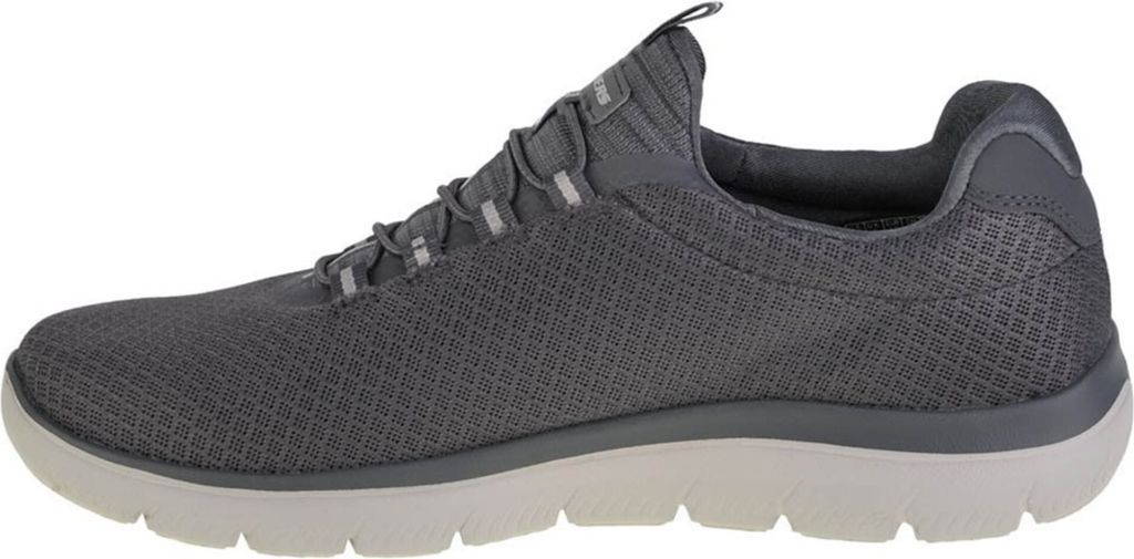 A side view of a gray Skechers sneaker.