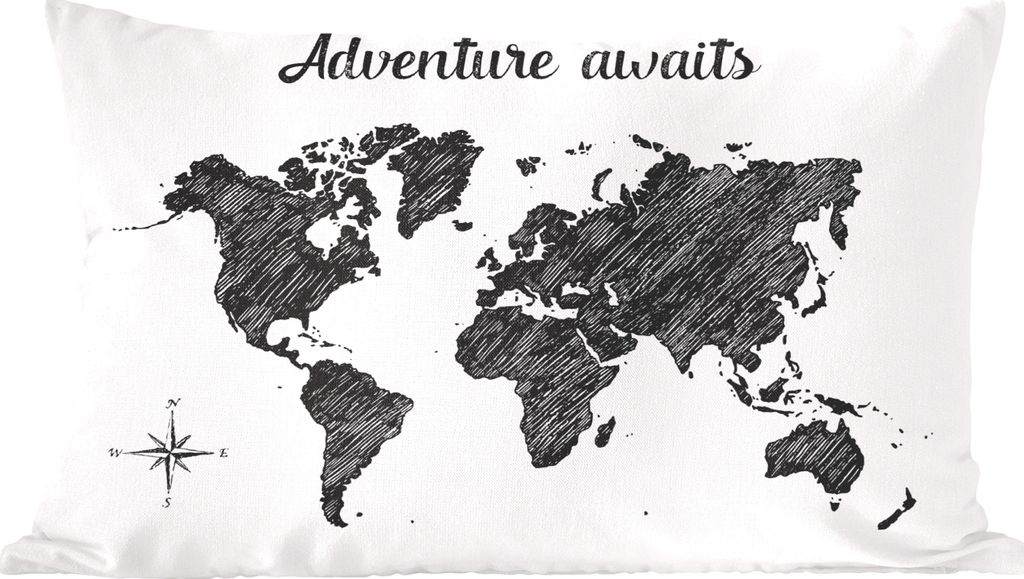 MuchoWow Zierkissen Sofakissen Wohnzimmer Dekokissen 50x30 cm Weltkarte - Zitat - Das Abenteuer wartet - Wohnzimmerdekoration - Polster mit Photo