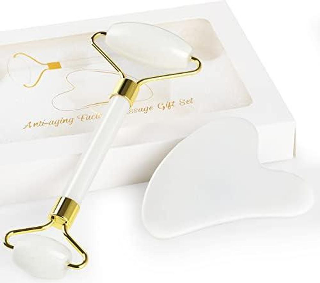 Jade Roller Set,GeeRic Gua Sha und Gesichtsroller Tool,natürlicher Grüner Jade Roller Massageroller, Gua sha Stein & Gesichtsroller,Verbesserung ...