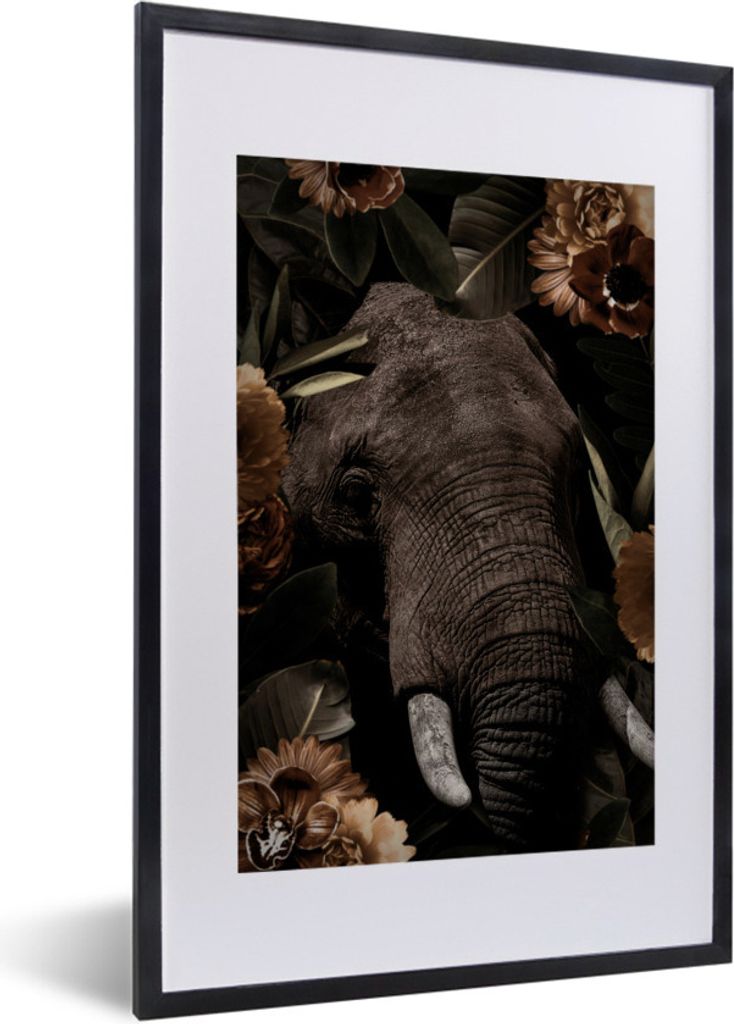 MuchoWow MuchoWow Gerahmtes Poster Elefant - Pflanzen - Blumen 40x60 cm - Poster mit zchwarzem Bilderrahmen - Poster in Rahmen