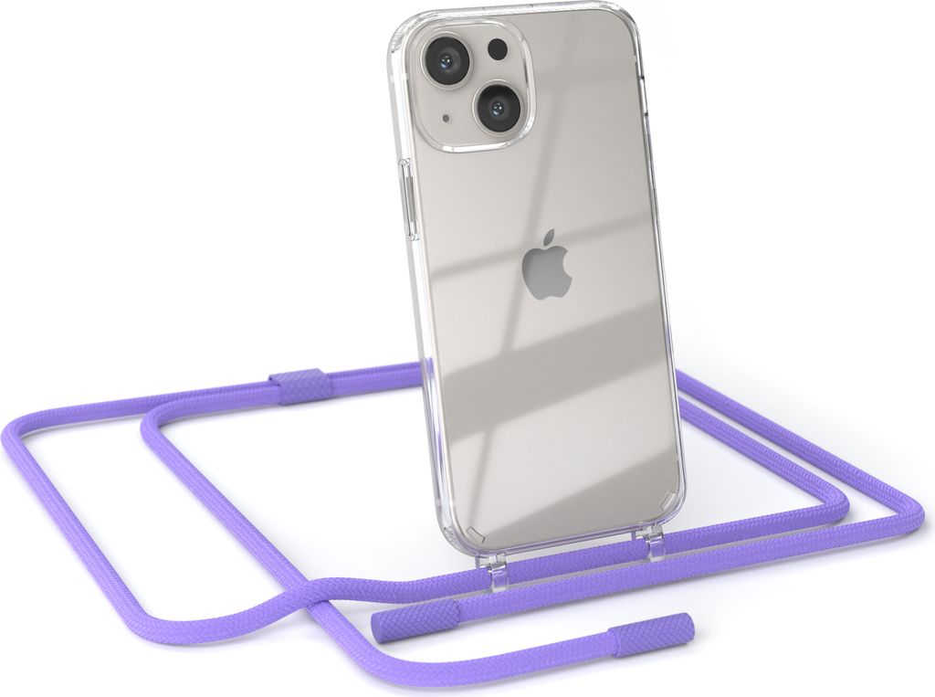 EAZY CASE Handykette für Apple iPhone 13 Mini, Clear Case aus Silikon, mit Umhängeband, abnehmbare Endstücke, Handyband in Violett