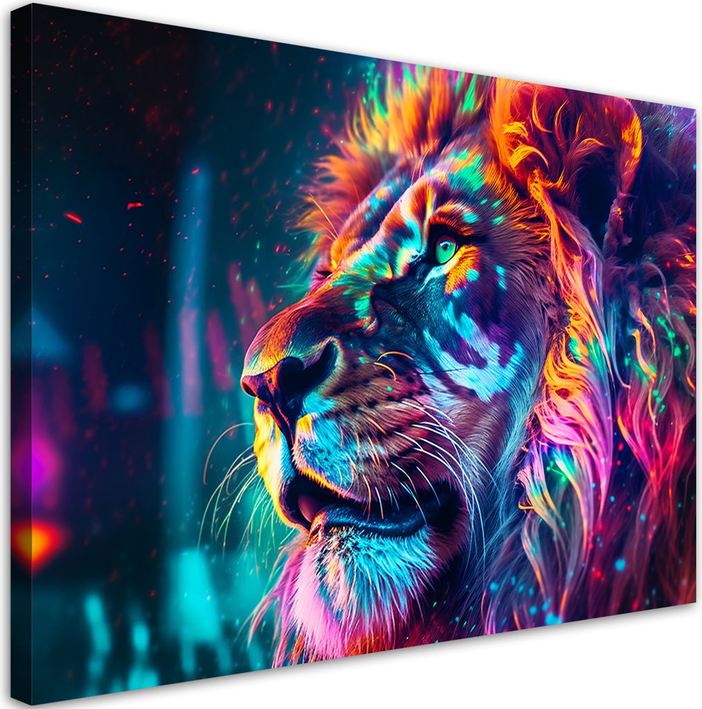 Leinwandbild Neon Tier Löwe Ai 120x80 Feeby Bunt bild für die wand bereit zum aufhängen