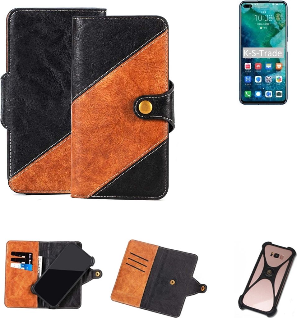 K-S-Trade Handyhülle Schutzhülle Bookstyle Case Wallet-Case kompatibel mit Huawei Honor V30 Handy Cover Bumper Klapphülle schwarz hellbraun 1x