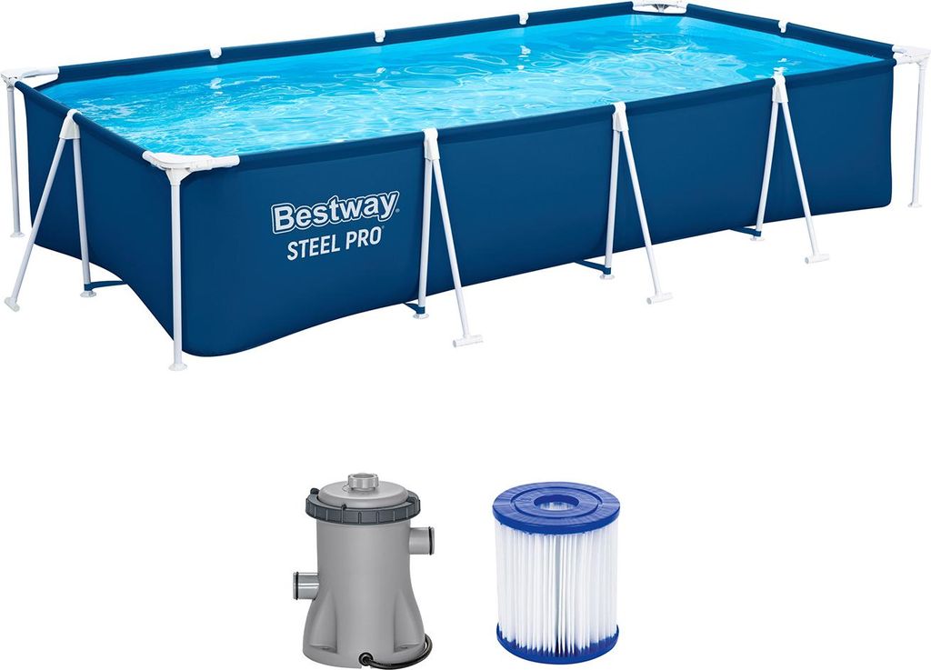 Bestway Steel Pro Frame Pool Set mit Filterpumpe 400 x 211 x 81 cm , dunkelblau, eckig