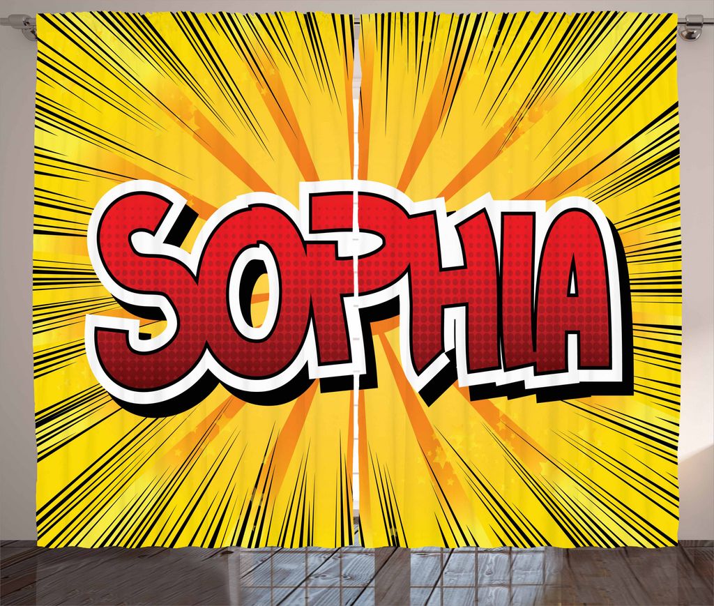 ABAKUHAUS Sophia Rustikaler Vorhang, Retro Comic westlichen Namen, Wohnzimmer Universalband Gardinen mit Schlaufen und Haken, 280 x 175 cm, Gelb Ro...