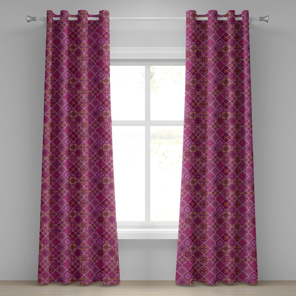 ABAKUHAUS marokkanisch Ösenvorhang, Kunst in alten Zeiten kariertes Muster mit abstrakten rosa Motiven, Dekorative 2-Panel-Fenstervorhänge, 280 c...