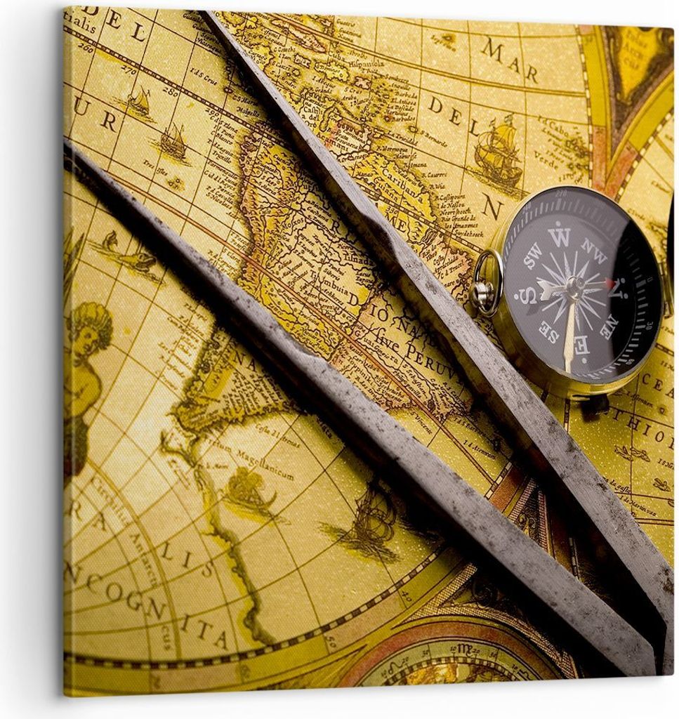 Bild auf Leinwand - Leinwandbild - Kompass Abenteuer Reisen - 60x60cm - Wand Bild - Wanddeko - Leinwanddruck - Bilder - Kunstdruck - Wanddekoration...