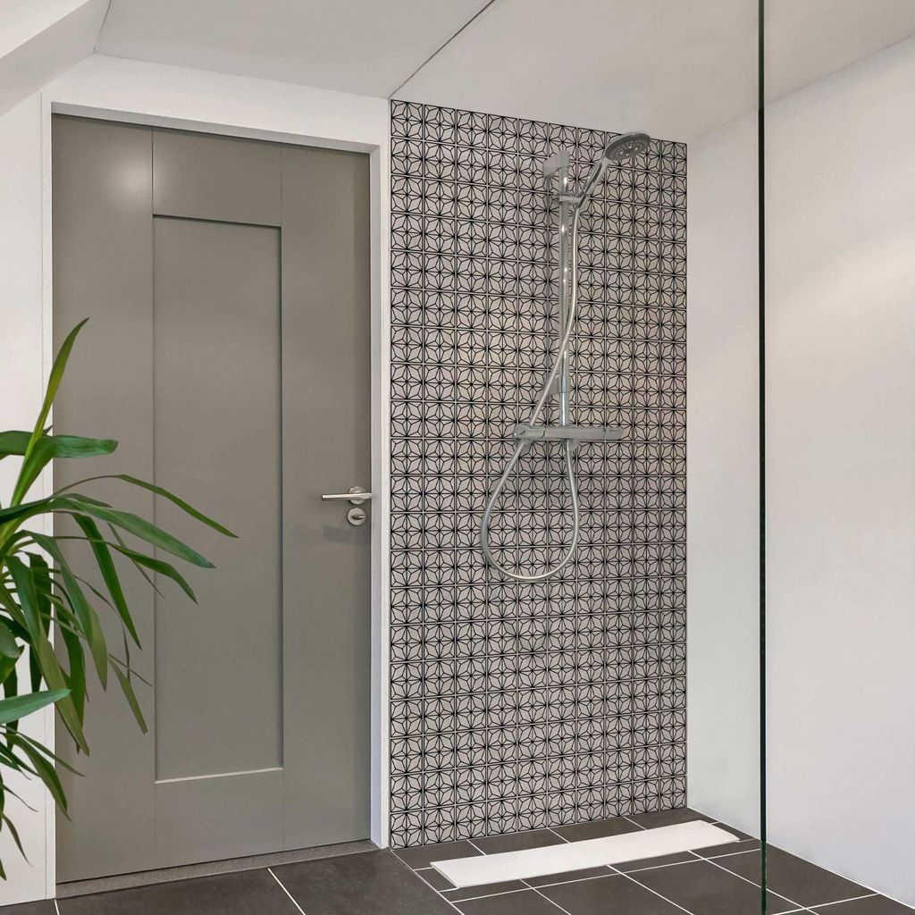 Duschrückwand mit Motiv selbstklebend - 0.35 mm Wandpaneel wasserfest Design schwarz Fliesenoptik Illustration Badrückwand fugenlos Smart matt 80...
