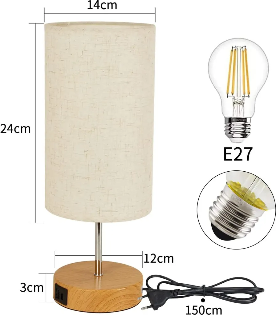 Lampe de Table Moderne E27 avec Chargeur USB et Abat-jour en Tissu x2 - 5