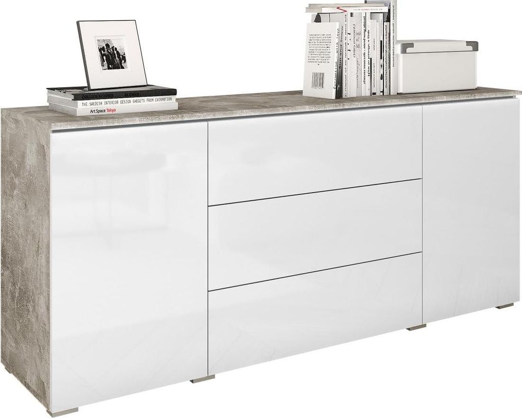 MIRJAN24 Kommode Vera, Griffloses Öffnungssystem, Sideboard, Stilvoll Highboard Schrank (Farbe: Beton / Weiß Hochglanz, ohne Beleuchtung)