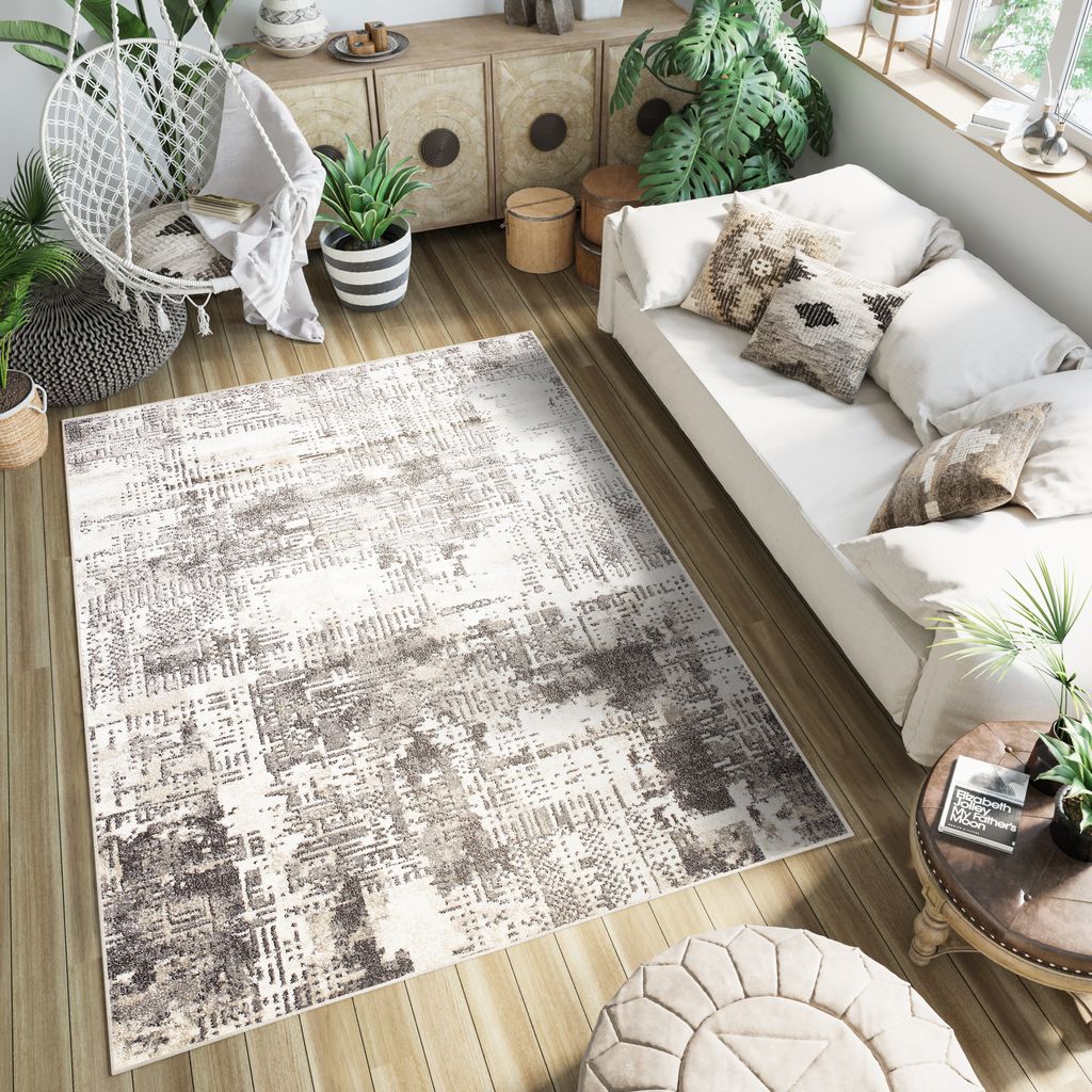 Teppich Wohnzimmer Schlafzimmer Design Abstrakt Beige Braun Meliert Kurzflor 80 x 150 cm
