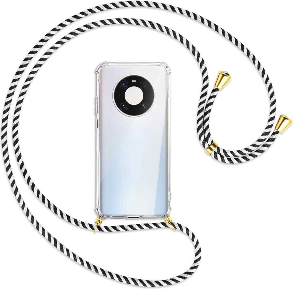 Handykette Backcover-Schutzhülle mit Band (Metall goldfarben) für Huawei Mate 40 Pro - schwarz/weiß gestreift