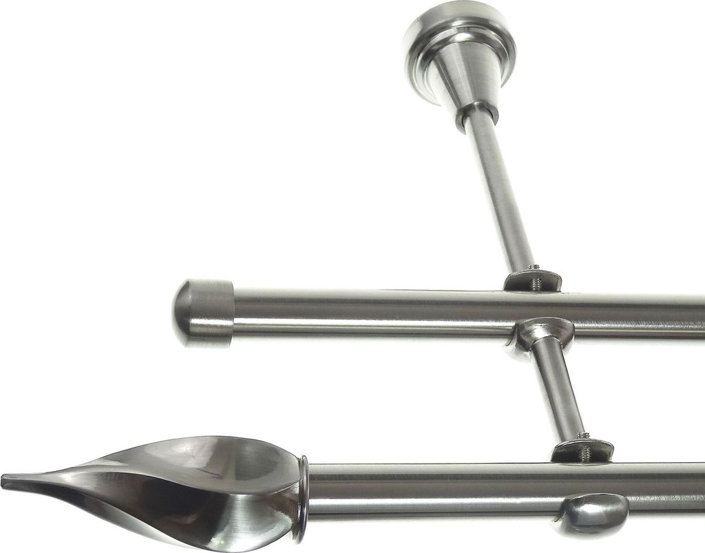 Gardinenstange Set Edelstahl Look Metall Ø 16mm zur Wandbefestigung 2-lauf gedrehte Spitze Zwirbel, Länge wählbar H24 E14 E17