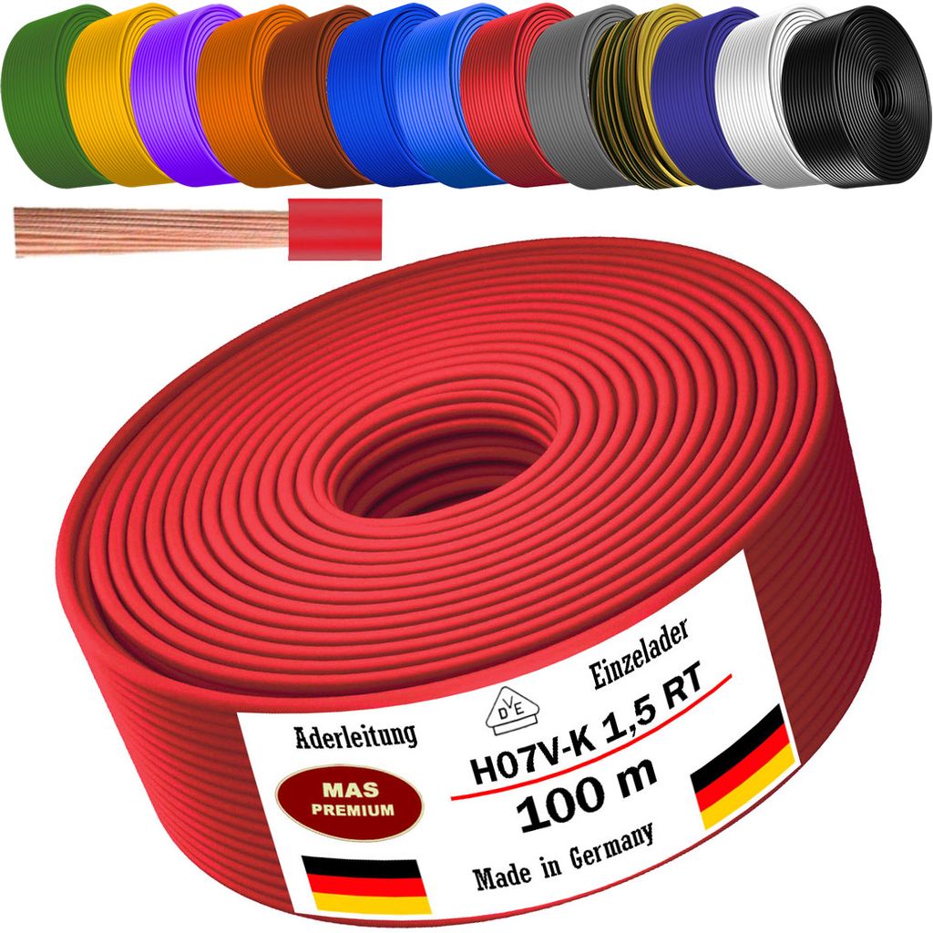 Installationskabel H07V-U 1,5 Mm² Rot – 100 Meter Rolle, Starr, Für Haushaltsgeräte & Elektroinstallation