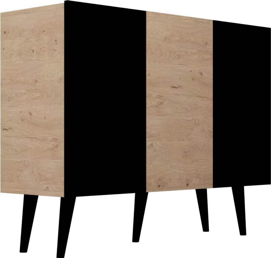 Kommode Toronto - Sideboard 120 cm - Skandinavisch Schrank 40 cm Tiefe mit Holz Füße und 3 Türen - Eiche Artisan / Schwarz