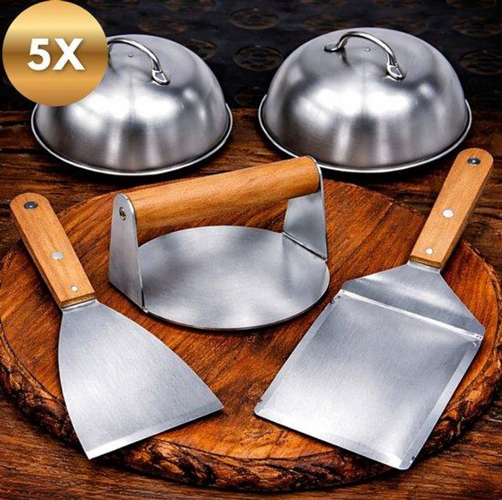 Ultiluxe Hamburgerset - 5-teilig - Burgerpresse, Spatel, Burger-Bells - Barbecue Zubehör - professionelle Werkzeuge aus Holz und Edelstahl