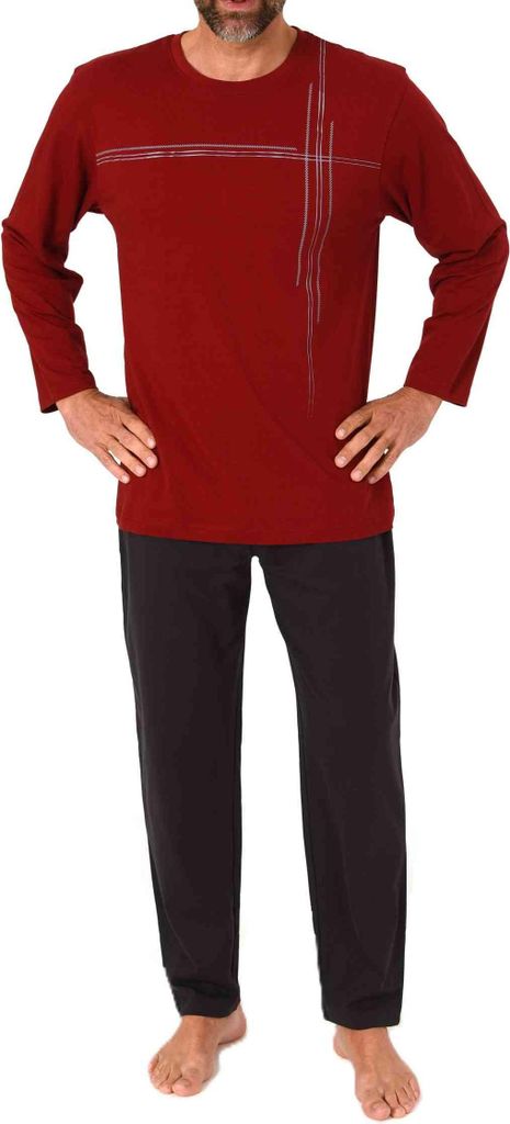 Normann Herren langarm Schlafanzug Pyjama mit Frontprint in zeitlos eleganter Optik ; rot , 52
