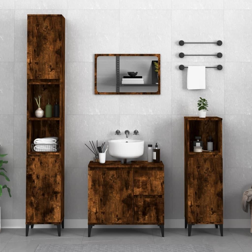 A bathroom vanity set with cabinets, sink, and mirror.