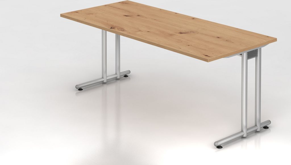 Schreibtisch Mauno | Asteiche | BxT 180x80cm | Arbeitshöhe 72cm | höhenjustierbar 0-10 mm | C-Fuß-Gestell Silber | Rechteckform