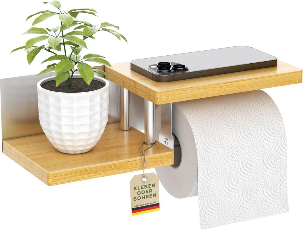 Toilettenpapierhalter aus Bambus - WC-Rollenhalter ohne Bohren - rostfreier Stahl - mit Ablage