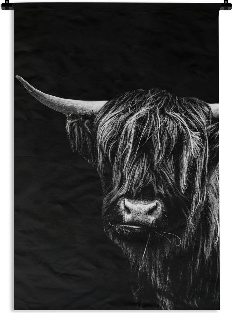 MuchoWow Wandteppich Wandbehang Schottisches Hochlandrind auf schwarzem Hintergrund - schwarz und weiß 90x135 cm Tapisserie Dekoration Wandtuch ...