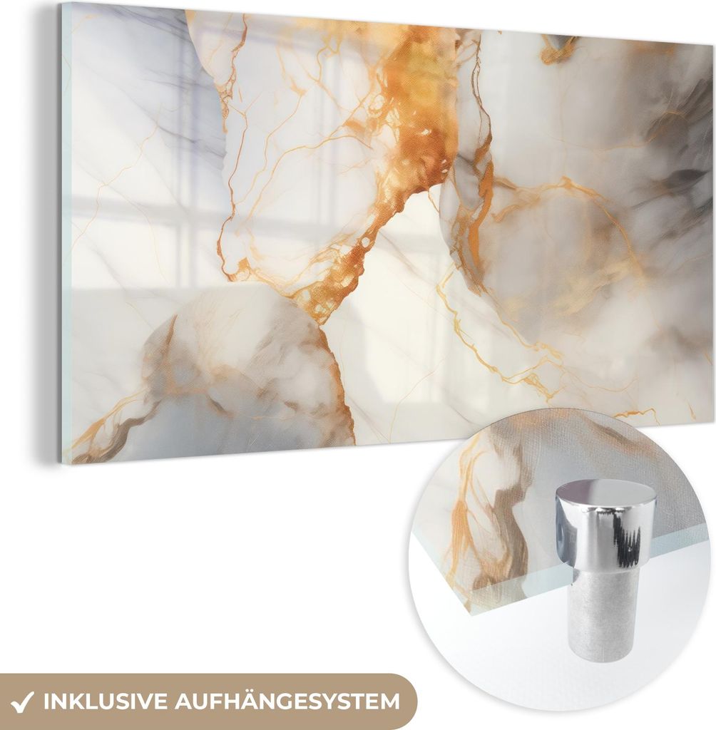 MuchoWow Glasbilder - Bilder auf Wandbild - Foto auf Glas Marmor - Grau - Gold 80x40 cm Wanddekoration aus Glas - Acrylglasbild - Acrylbilder - Wan...