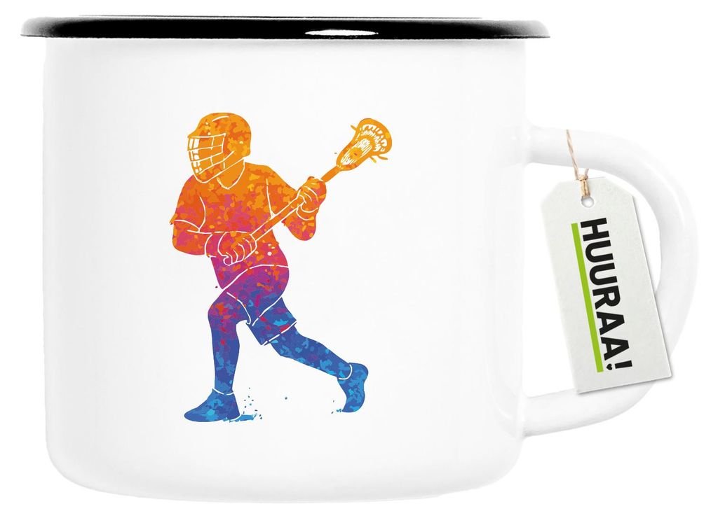 Huuraa Emaille Tasse Lacrosse bunte Silhouette 300ml Vintage Campingbecher Geschenkidee