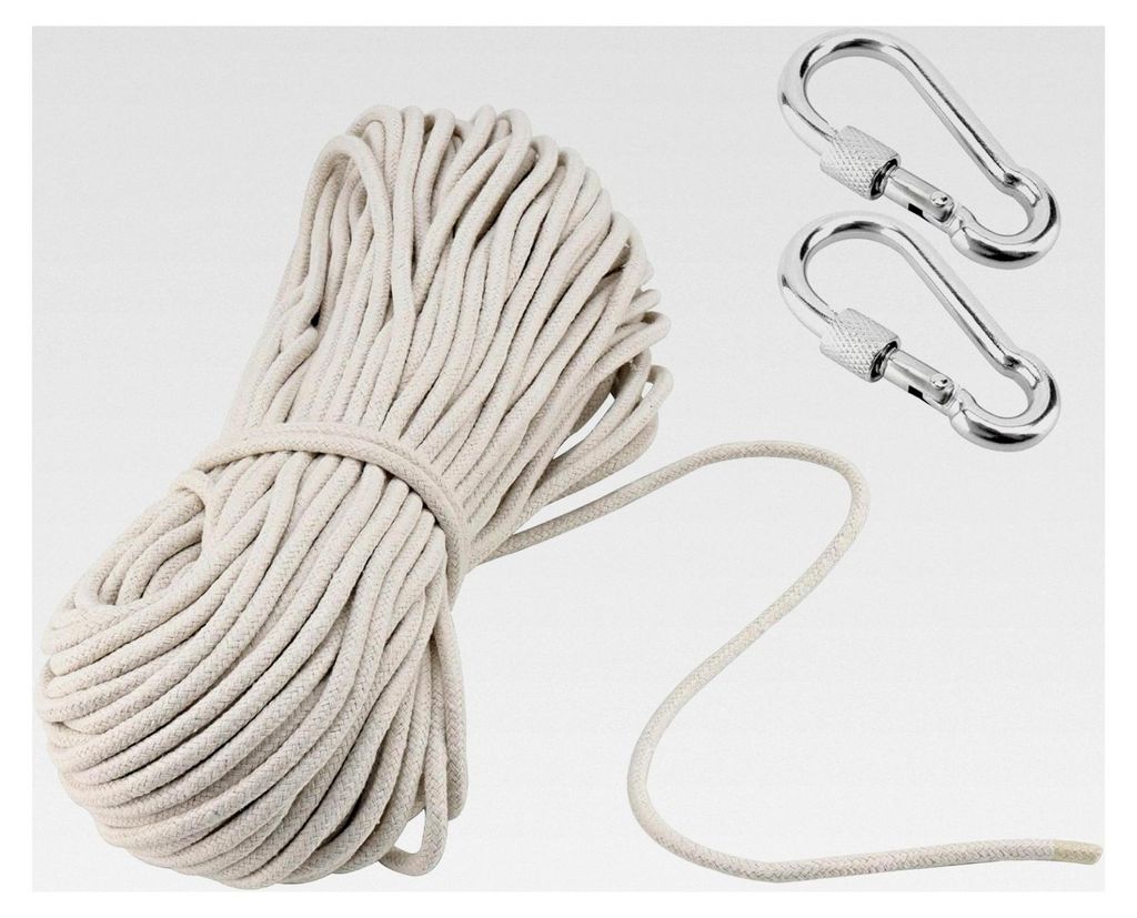 6 mm x 50 m weiches Baumwollseil, 164 Fuß 1/4 Zoll dick, natürliche Wäscheleine mit Edelstahl-Haken, Mehrzweck-Riemenscheibe, Korbschnur für DI...