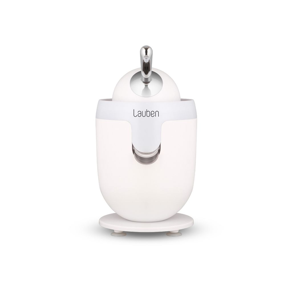 A white electric citrus juicer manufactured by Lauben is centered on a white background.