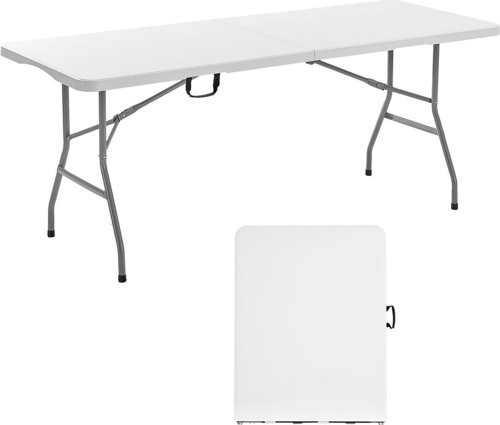A white folding table is shown in two views: unfolded and folded.