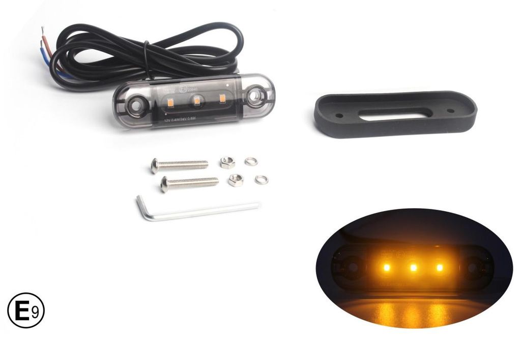 LED-Begrenzungs-/Markierungsleuchte (Diode), orange, mit dunkel getöntem Glas, E‐Mark, 12–24 V, mit 30 cm Kabel